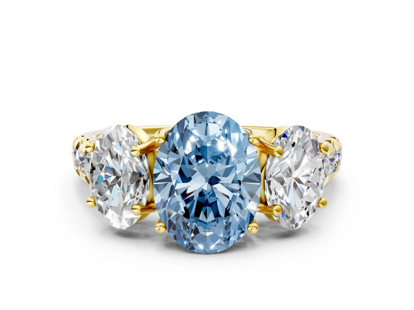 Yellow gold Three-Stone Fancy Blue Oval Cut Diamond Pavé Band with Prong Setting