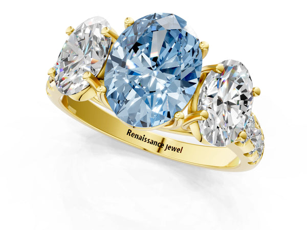 Yellow gold Three-Stone Fancy Blue Oval Cut Diamond Pavé Band with Prong Setting