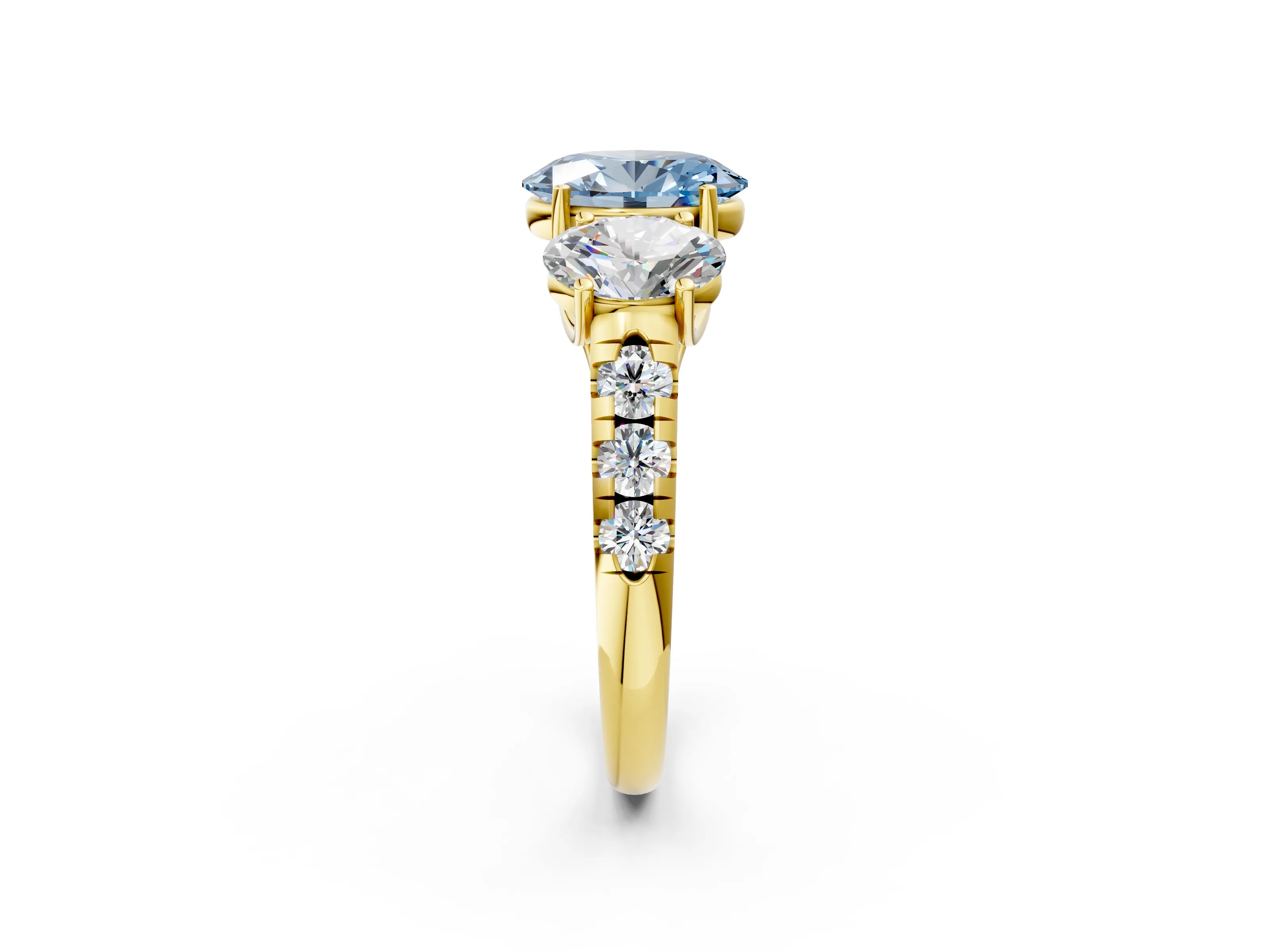 Yellow gold Three-Stone Fancy Blue Oval Cut Diamond Pavé Band with Prong Setting_2