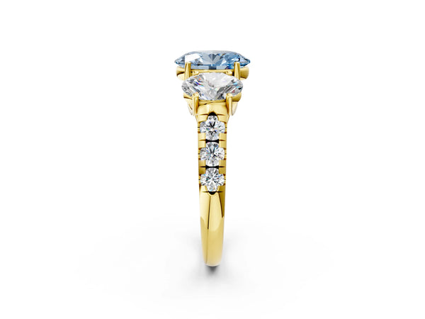 Yellow gold Three-Stone Fancy Blue Oval Cut Diamond Pavé Band with Prong Setting