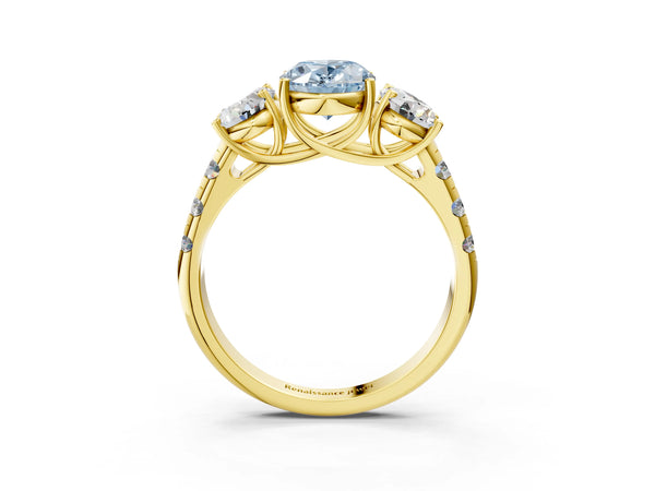 Yellow gold Three-Stone Fancy Blue Oval Cut Diamond Pavé Band with Prong Setting