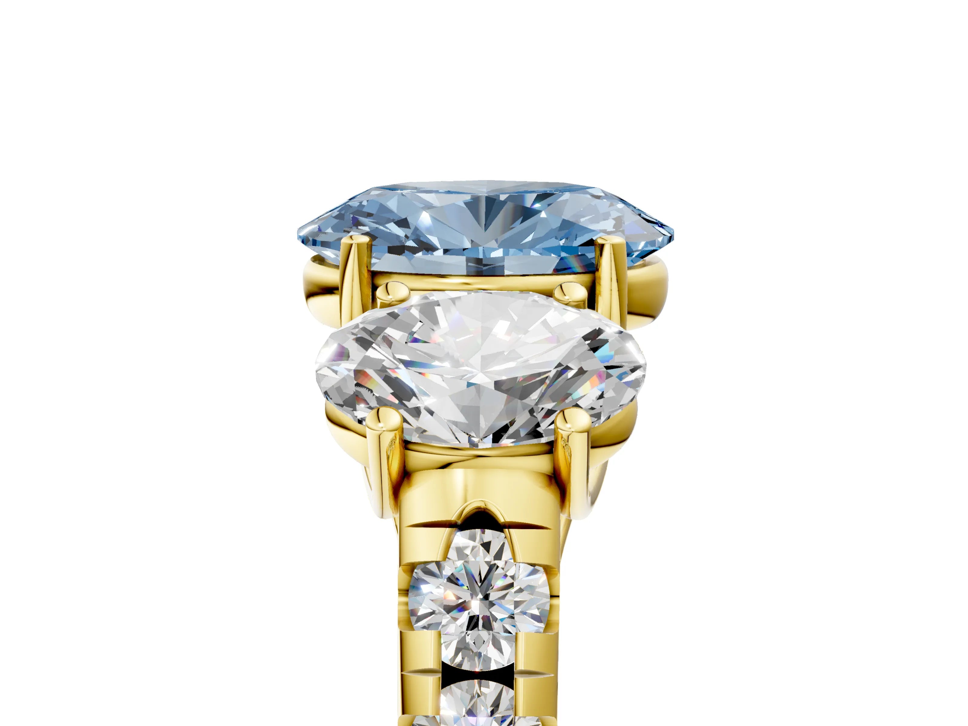 Yellow gold Three-Stone Fancy Blue Oval Cut Diamond Pavé Band with Prong Setting_5
