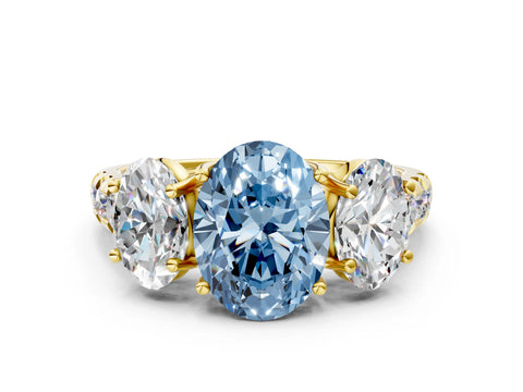 Yellow gold Three-Stone Fancy Blue Oval Cut Diamond Pavé Band with Prong Setting