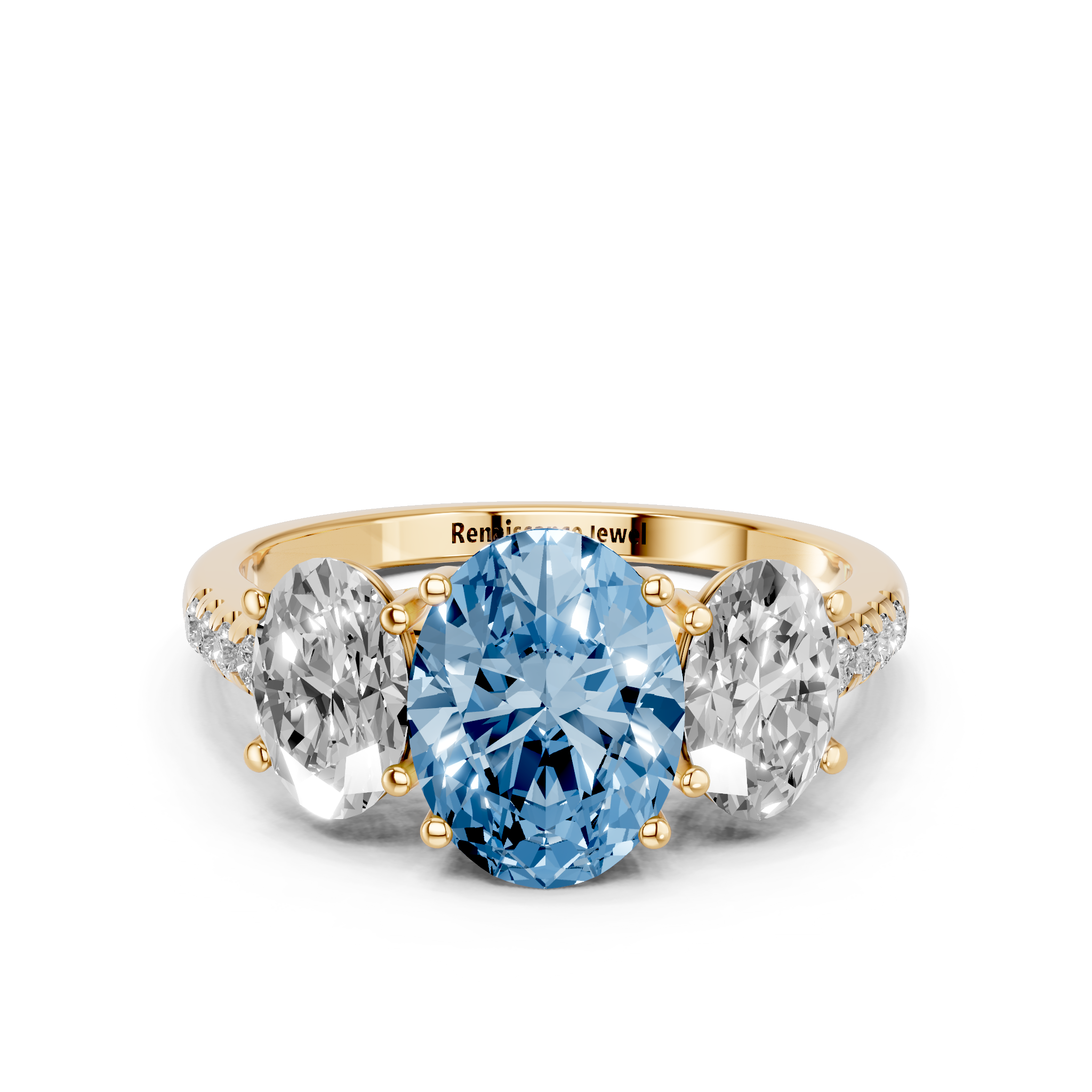 Yellow gold Three-Stone Fancy Blue Oval  Cut Diamond Ring with Pavé Band and Prong Setting_11