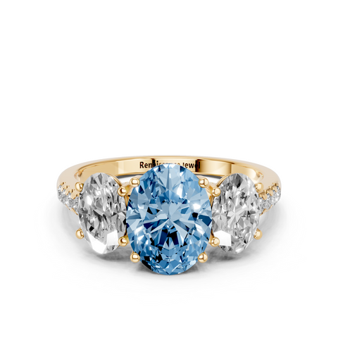 Yellow gold Three-Stone Fancy Blue Oval  Cut Diamond Ring with Pavé Band and Prong Setting_11