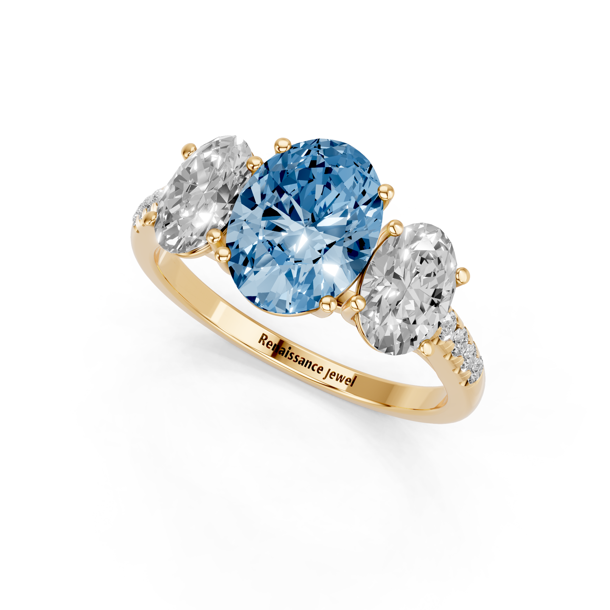 Yellow gold Three-Stone Fancy Blue Oval  Cut Diamond Ring with Pavé Band and Prong Setting_3