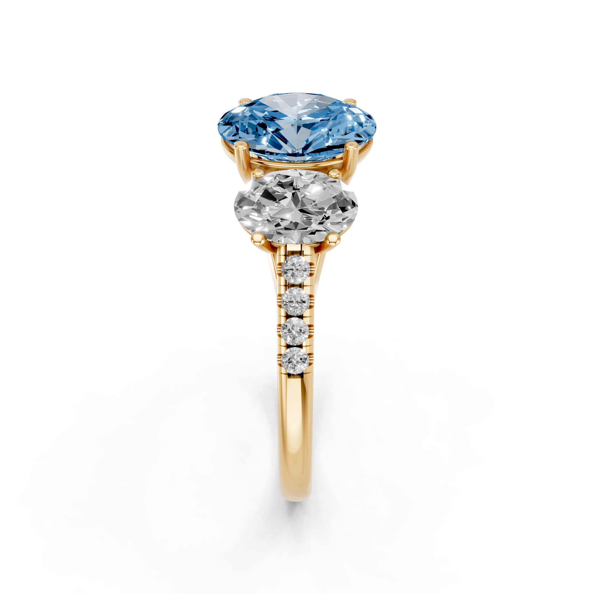 Yellow gold Three-Stone Fancy Blue Oval  Cut Diamond Ring with Pavé Band and Prong Setting_4
