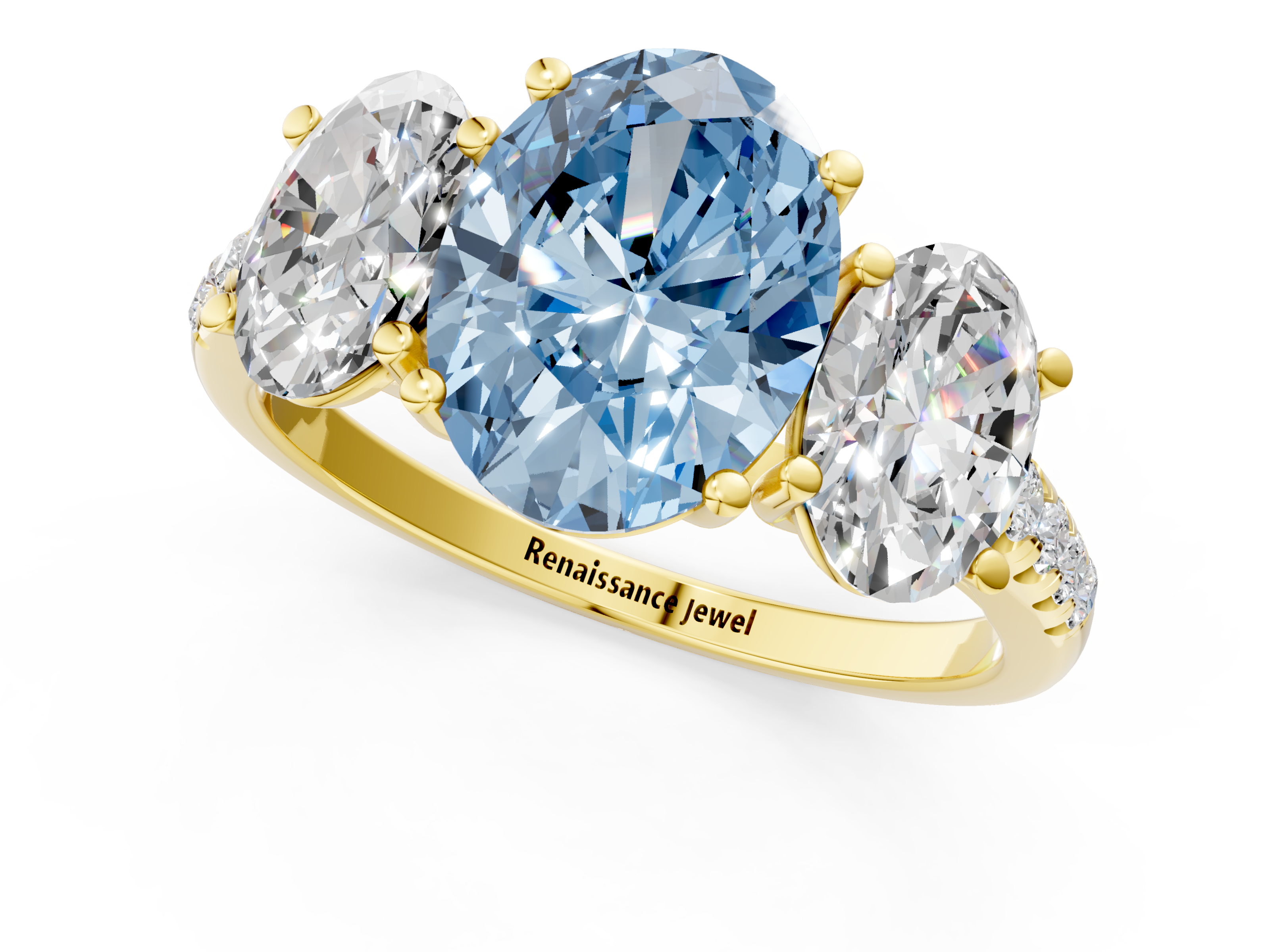 Yellow gold Three-Stone Fancy Blue Oval  Cut Diamond Ring with Pavé Band and Prong Setting_40