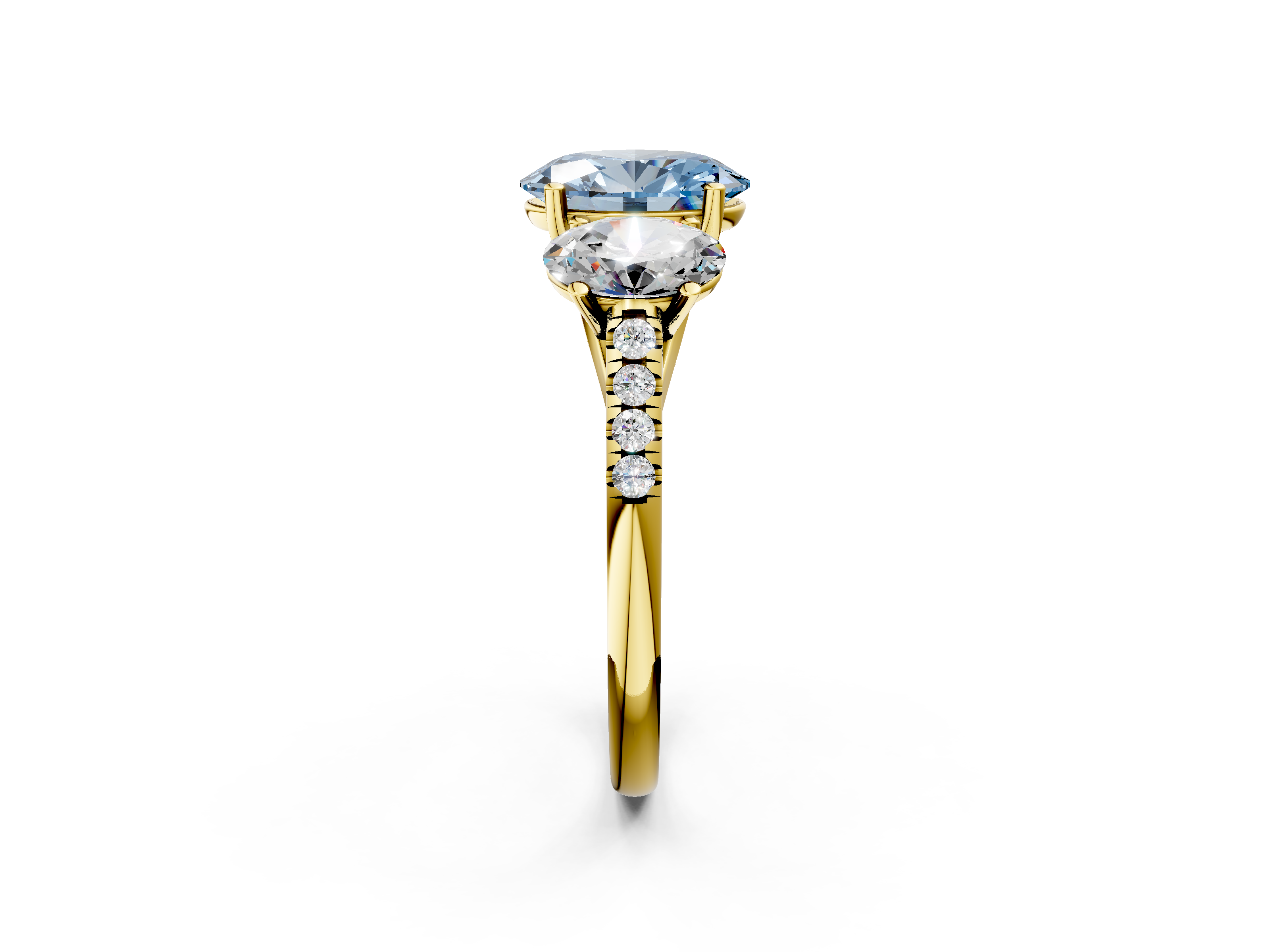 Yellow gold Three-Stone Fancy Blue Oval  Cut Diamond Ring with Pavé Band and Prong Setting_41