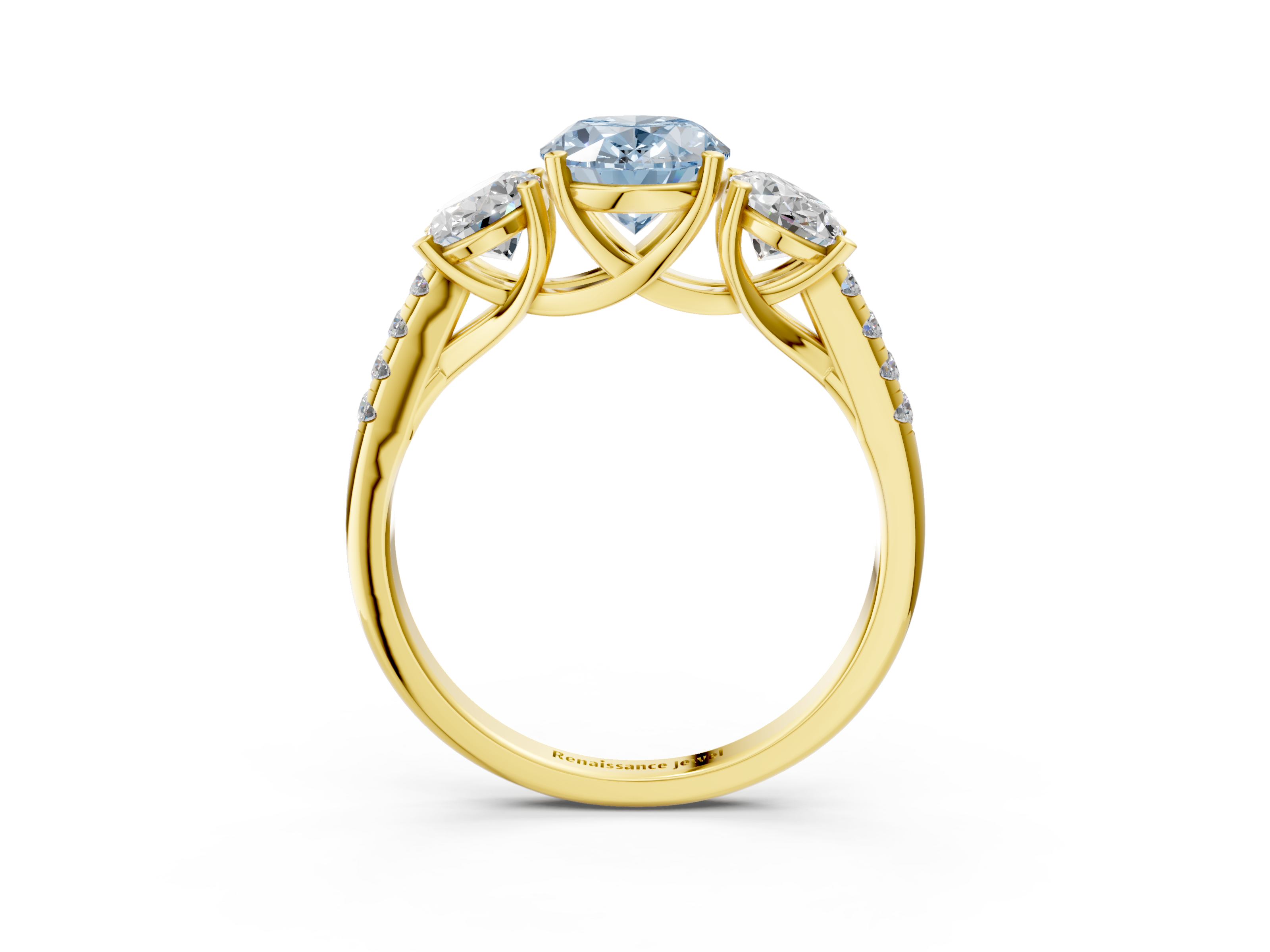Yellow gold Three-Stone Fancy Blue Oval  Cut Diamond Ring with Pavé Band and Prong Setting_42