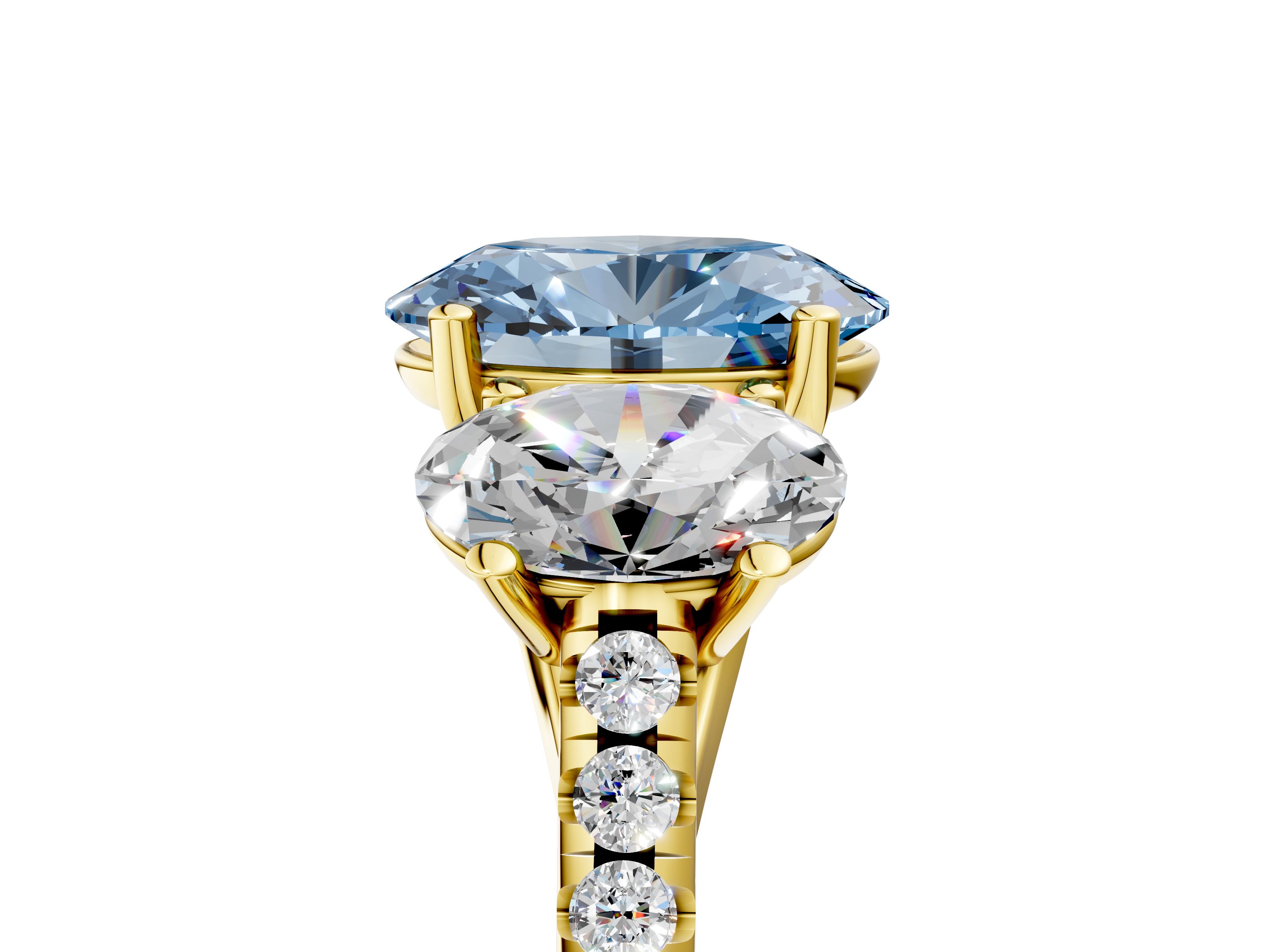Yellow gold Three-Stone Fancy Blue Oval  Cut Diamond Ring with Pavé Band and Prong Setting_44