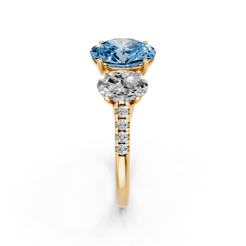 Yellow gold Three-Stone Fancy Blue Oval  Cut Diamond Ring with Pavé Band and Prong Setting_4