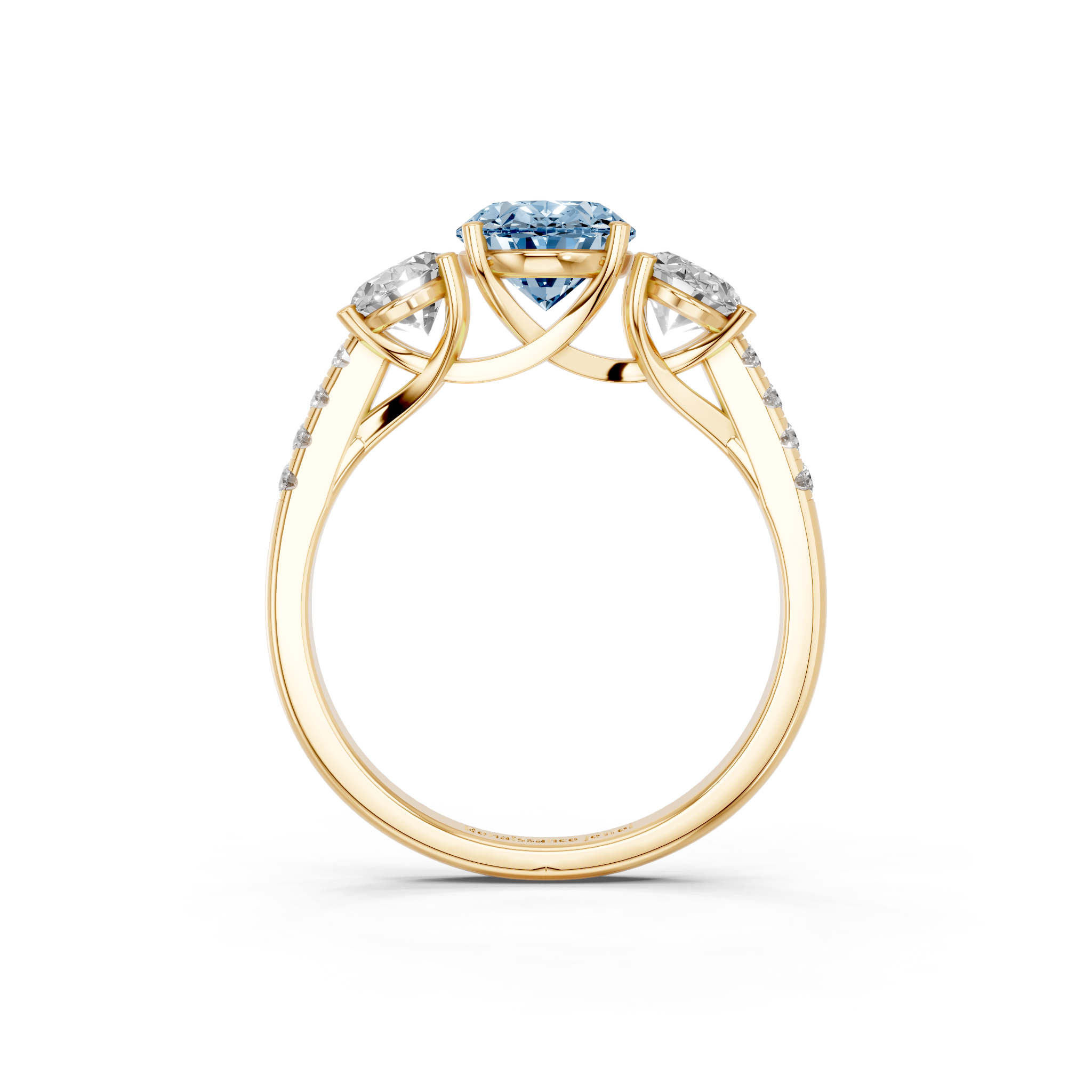 Yellow gold Three-Stone Fancy Blue Oval  Cut Diamond Ring with Pavé Band and Prong Setting_5