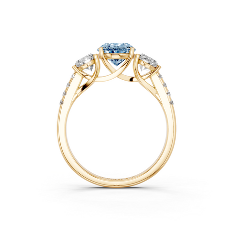 Yellow gold Three-Stone Fancy Blue Oval  Cut Diamond Ring with Pavé Band and Prong Setting_5