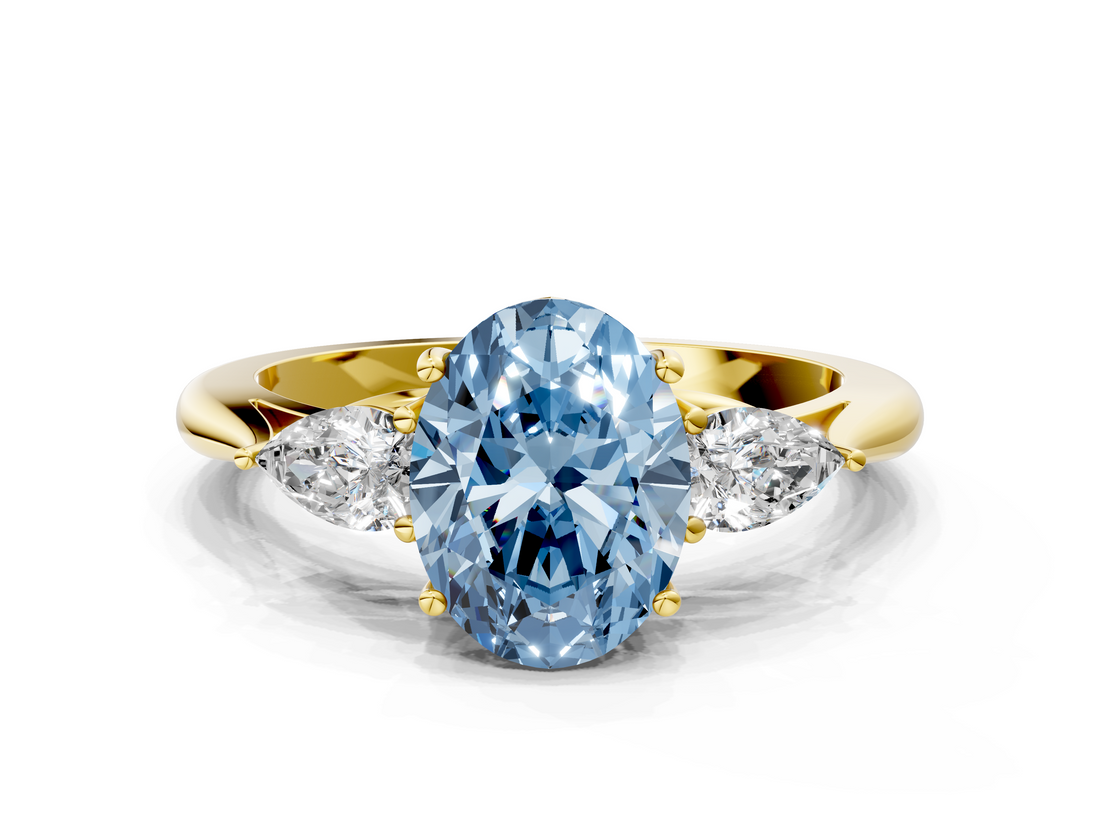 Yellow gold Three-Stone Fancy Blue Oval  Cut Diamond Ring with Pear Side Stones in Four-Prong Setting_108