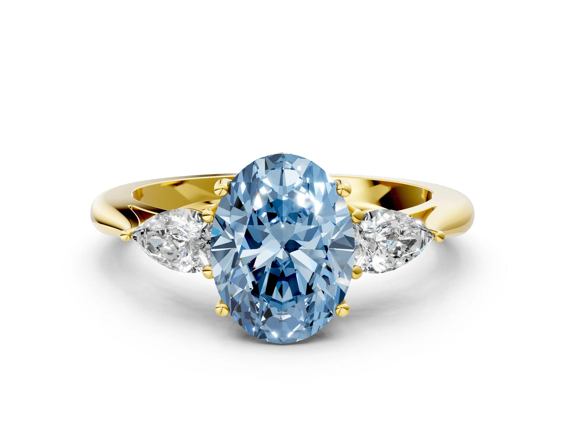 Yellow gold Three-Stone Fancy Blue Oval Cut Diamond Ring with Pear  Side Stones in Four-Prong Setting_36