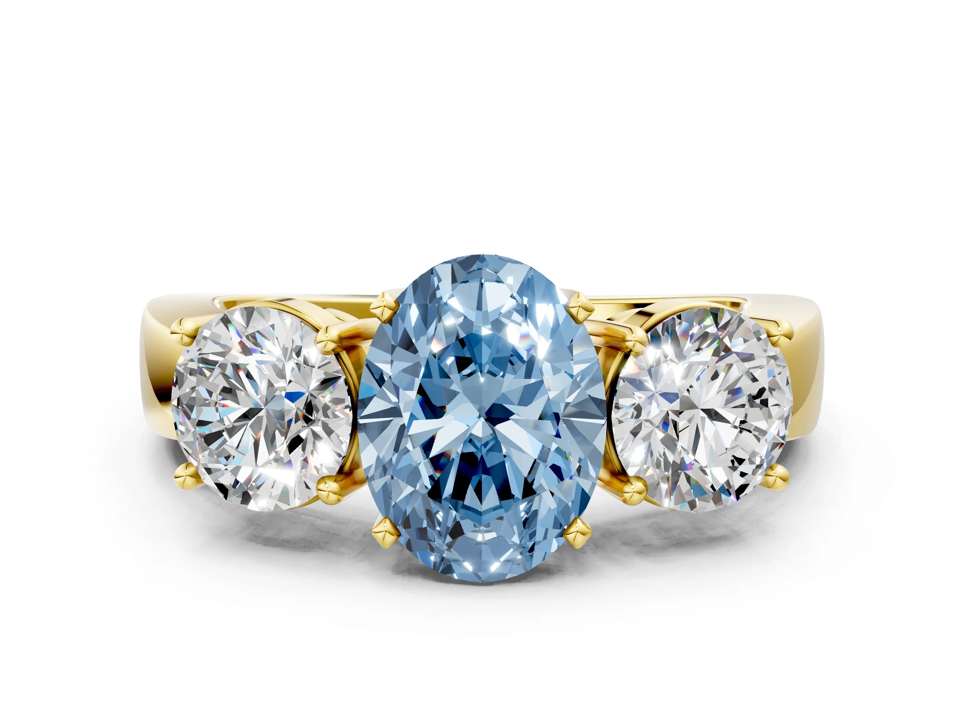 Yellow gold Three-Stone Fancy Blue Oval Cut Diamond Ring with Round Side Stones, Classic Band, and Four-Prong Setting