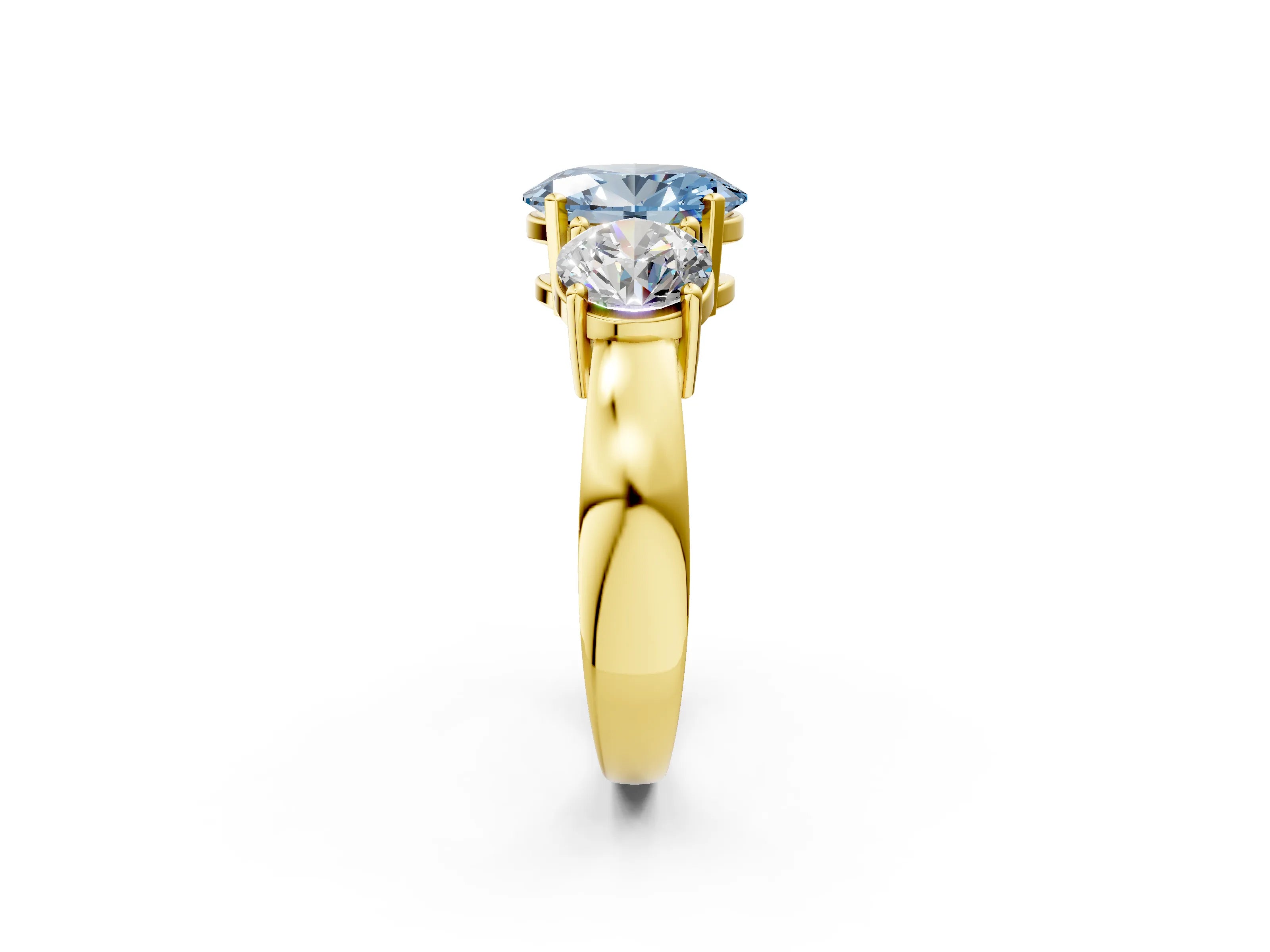 Yellow gold Three-Stone Fancy Blue Oval Cut Diamond Ring with Round Side Stones, Classic Band, and Four-Prong Setting_2