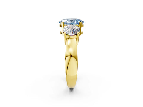 Yellow gold Three-Stone Fancy Blue Oval Cut Diamond Ring with Round Side Stones, Classic Band, and Four-Prong Setting_2
