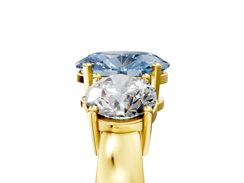 Yellow gold Three-Stone Fancy Blue Oval Cut Diamond Ring with Round Side Stones, Classic Band, and Four-Prong Setting_5