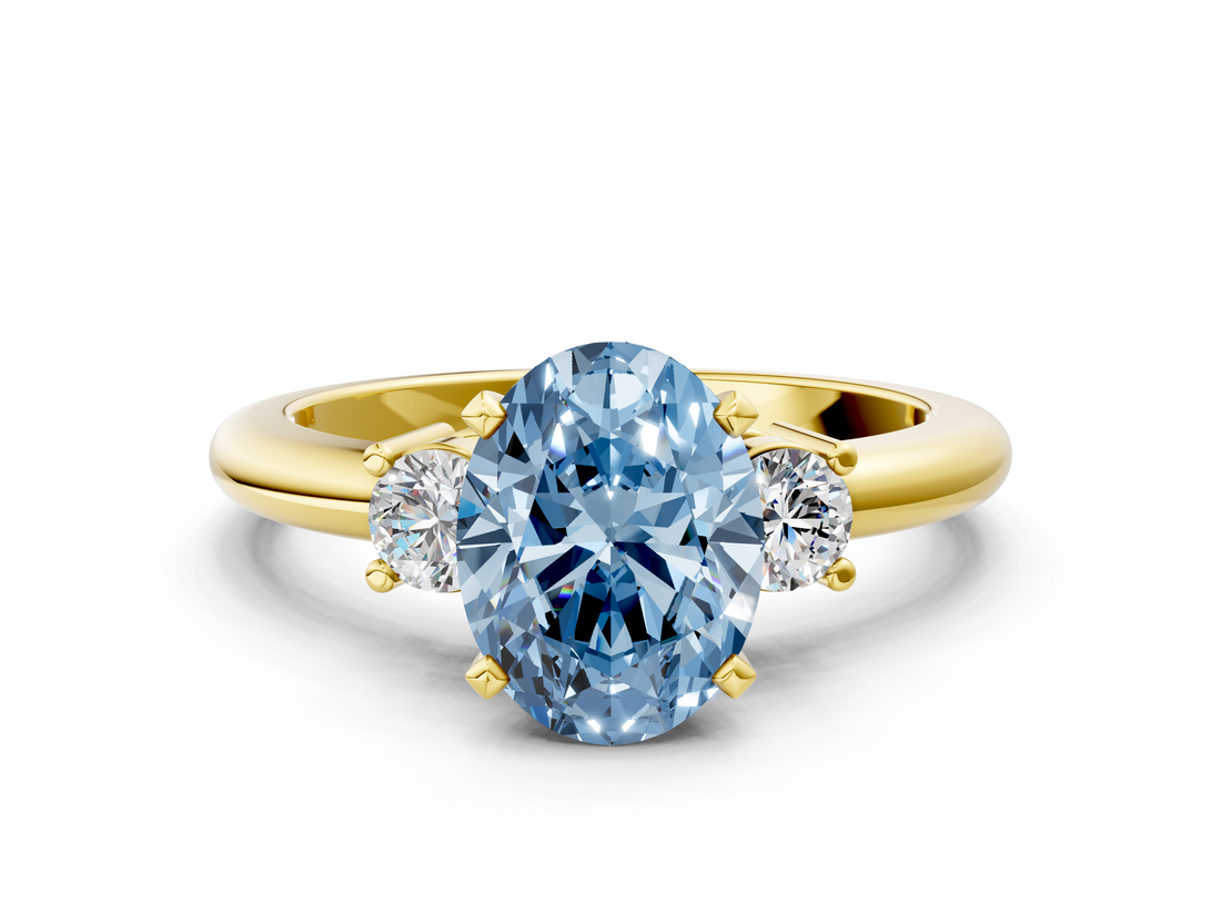 Yellow gold Three-Stone Fancy Blue Oval  Cut Diamond Solitaire with Prong Setting and Classic Band_59