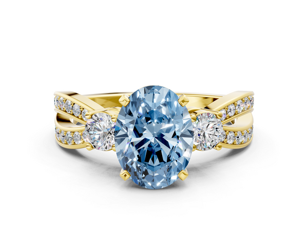 Yellow gold Three-Stone Fancy Blue Oval  Cut Diamond Twist Band with Prong Setting
