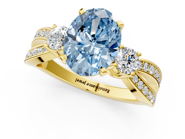 Yellow gold Three-Stone Fancy Blue Oval  Cut Diamond Twist Band with Prong Setting