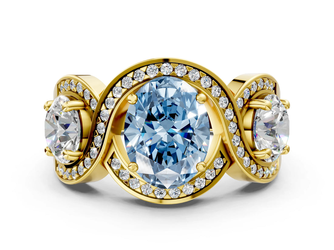 Yellow gold Three-Stone Fancy Blue Oval Cut Diamond Wave Pave Band with Prong Setting