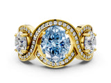 Yellow gold Three-Stone Fancy Blue Oval Cut Diamond Wave Pave Band with Prong Setting