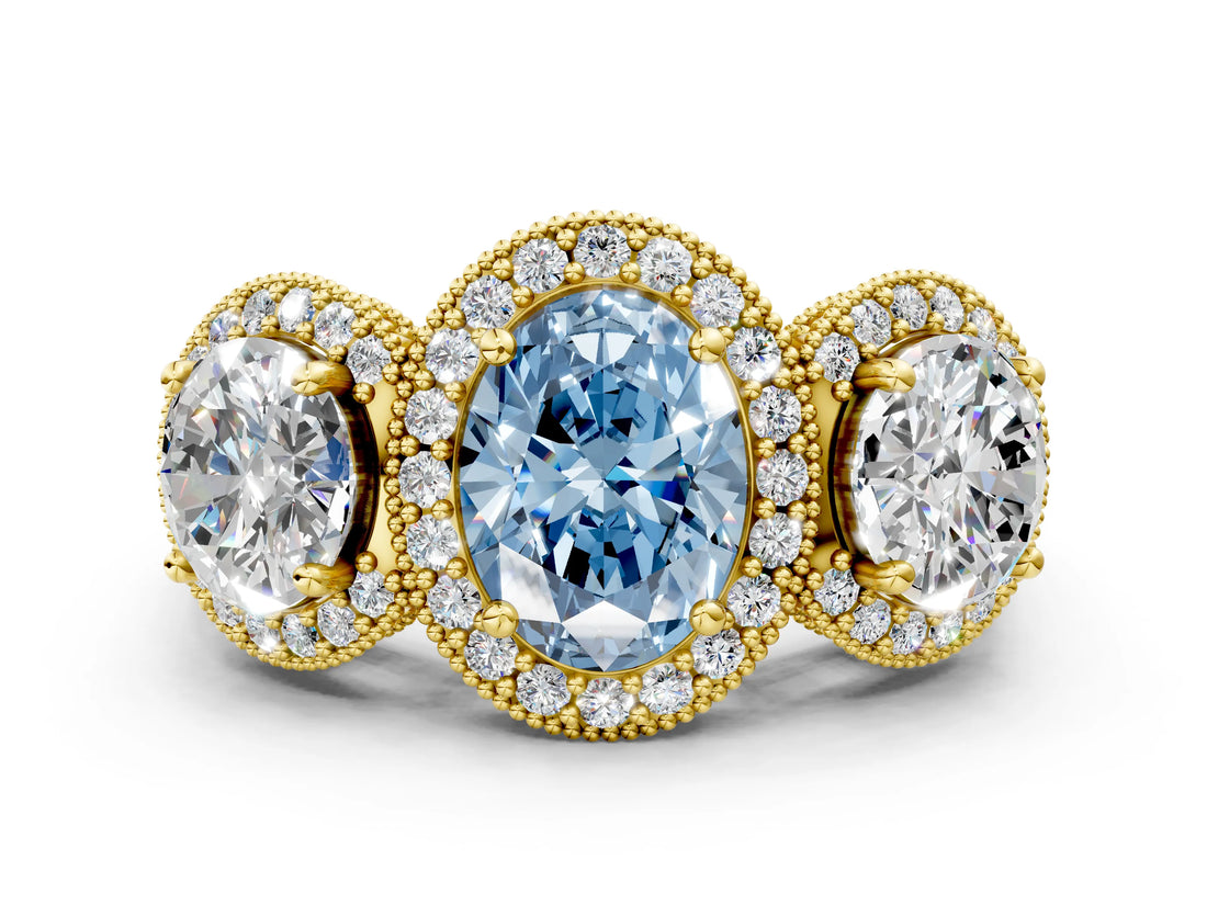 Yellow gold Three-Stone Fancy Blue Oval Cut Halo Diamond Milgrain Band with Four-Prong Setting_12