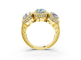 Yellow gold Three-Stone Fancy Blue Oval Cut Halo Diamond Milgrain Band with Four-Prong Setting_15