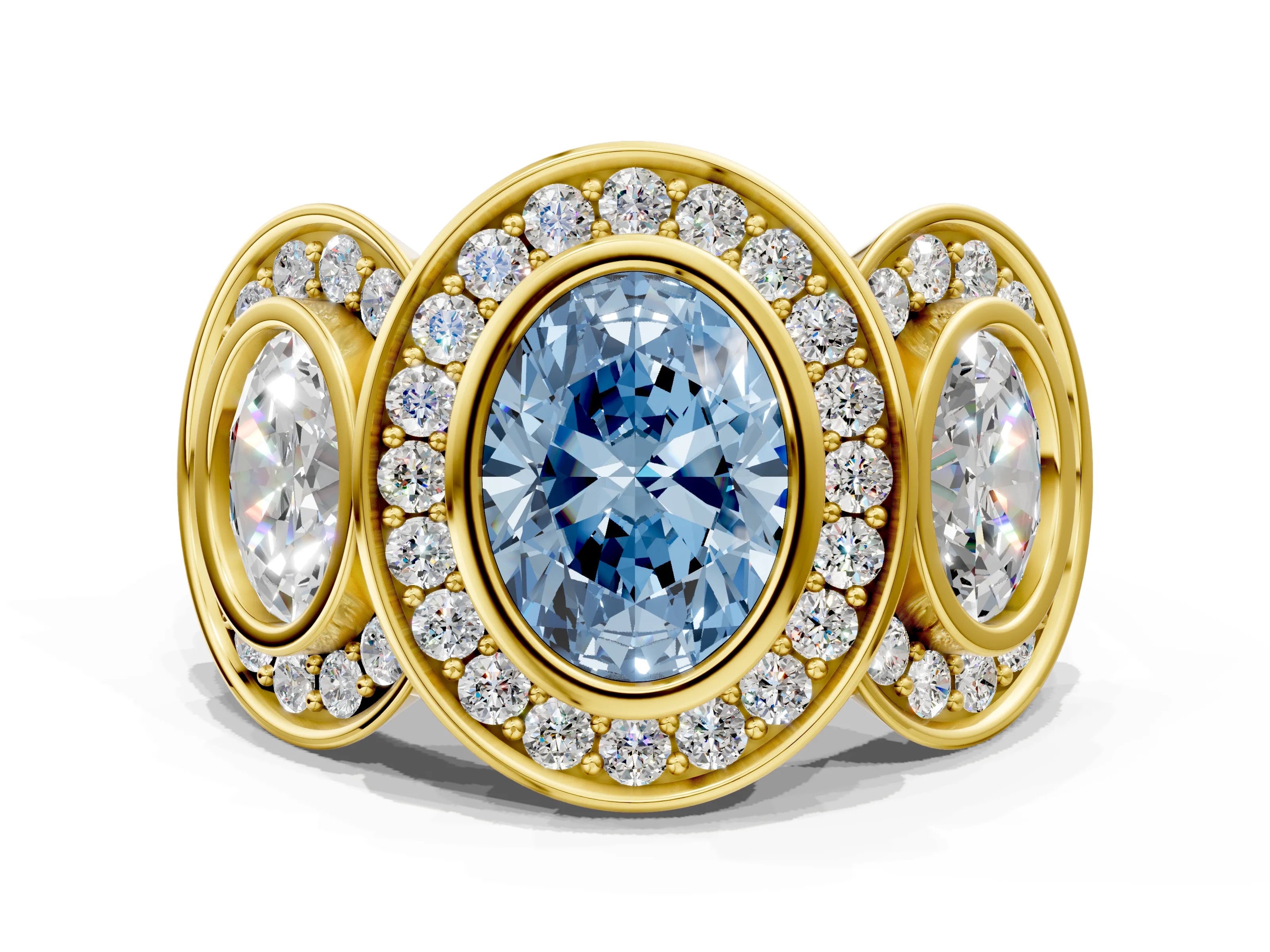 Yellow gold Three-Stone Fancy Blue Oval Cut Halo Pavé Diamond Ring