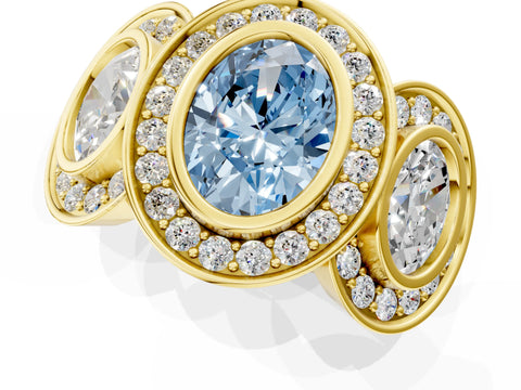 Yellow gold Three-Stone Fancy Blue Oval Cut Halo Pavé Diamond Ring_1