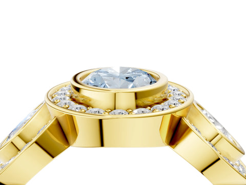 Yellow gold Three-Stone Fancy Blue Oval Cut Halo Pavé Diamond Ring_4