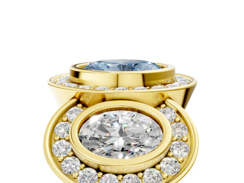 Yellow gold Three-Stone Fancy Blue Oval Cut Halo Pavé Diamond Ring_5