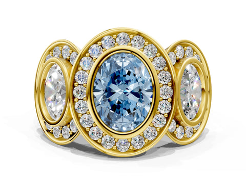 Yellow gold Three-Stone Fancy Blue Oval Cut Halo Pavé Diamond Ring