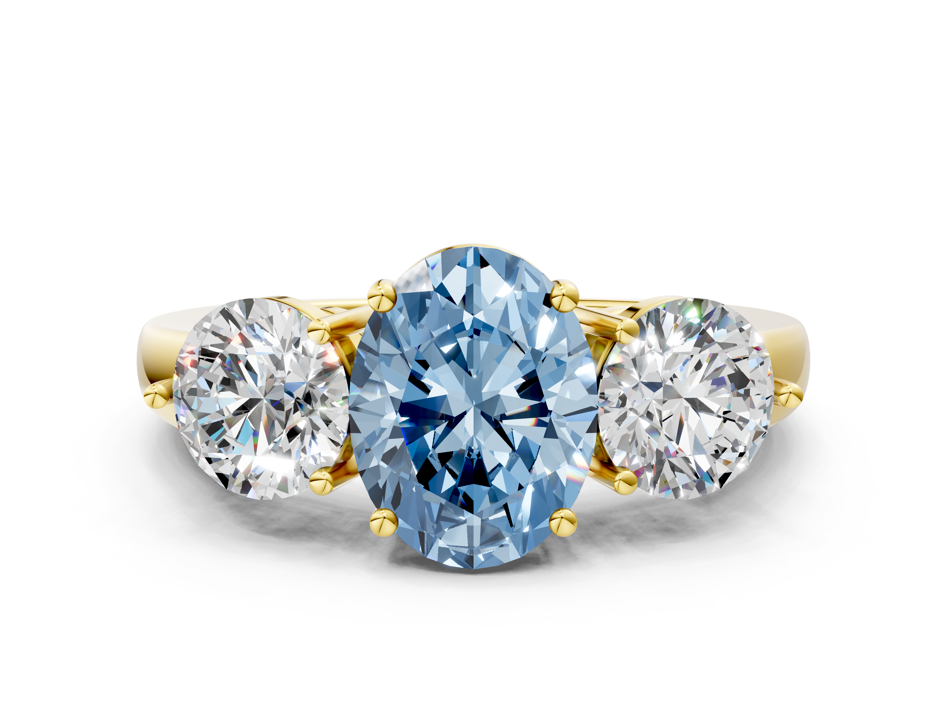 Yellow gold Three-Stone Fancy Blue Oval  Cut Solitaire Ring with Prong Setting on a Classic Band_42