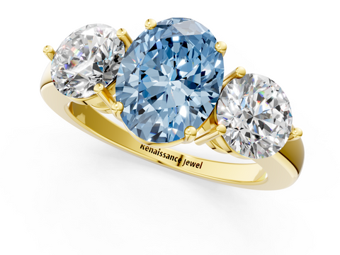 Yellow gold Three-Stone Fancy Blue Oval  Cut Solitaire Ring with Prong Setting on a Classic Band_43