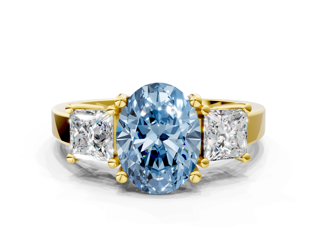 Yellow gold Three-Stone Fancy Blue Oval  Cut Solitaire Ring with Prong Setting_3