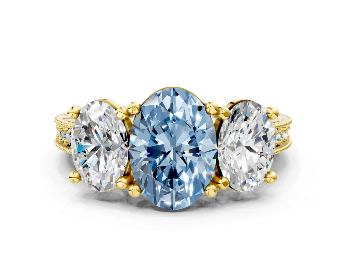 Yellow gold Three-Stone Fancy Blue Oval  Diamond Milgrain Pave Band with Prong Setting