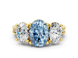 Yellow gold Three-Stone Fancy Blue Oval  Diamond Milgrain Pave Band with Prong Setting