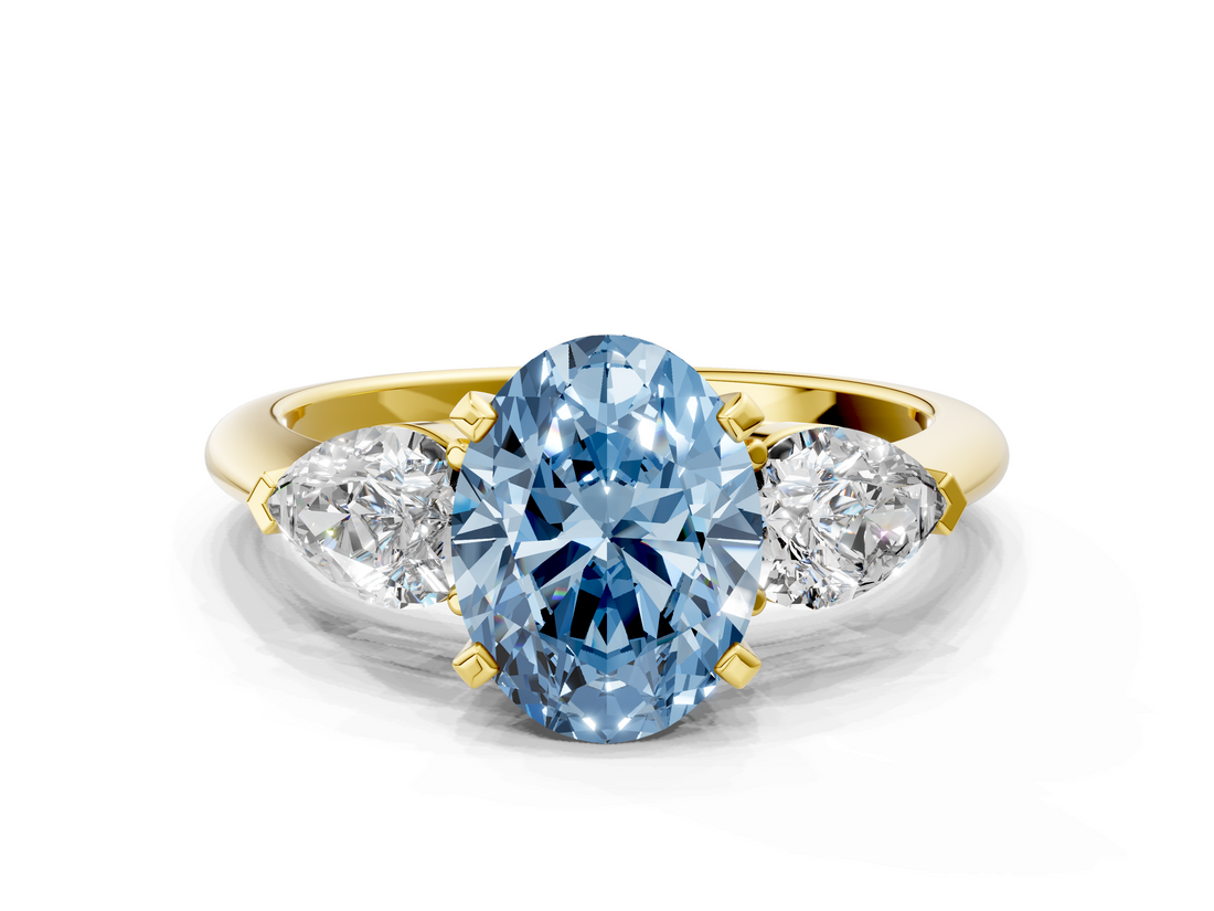 Yellow gold Three-Stone Fancy Blue Oval  Diamond Ring with Pear Side Stones in Four-Prong Setting_24