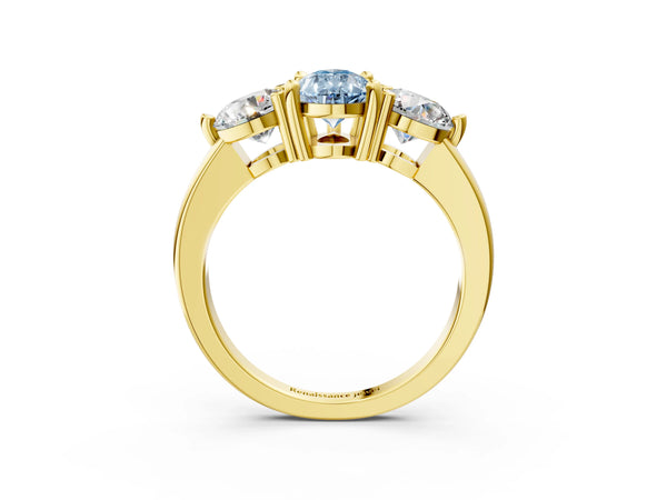Yellow gold Three-Stone Fancy Blue Pear  Brilliant Cut Solitaire Ring with Prong Setting on a Classic Band