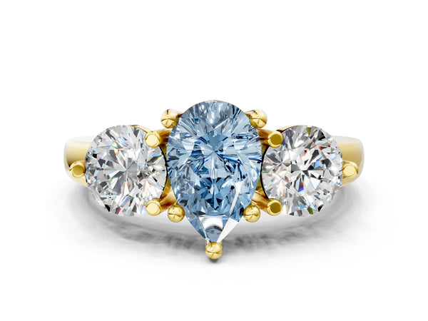 Yellow gold Three-Stone Fancy Blue Pear  Brilliant Cut Solitaire Ring with Prong Setting on a Classic Band
