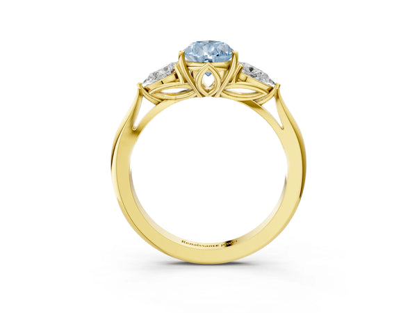 Yellow gold Three-Stone Fancy Blue Pear Cut Brilliant Diamond Solitaire Ring with Tapered Band and Four-Prong Setting