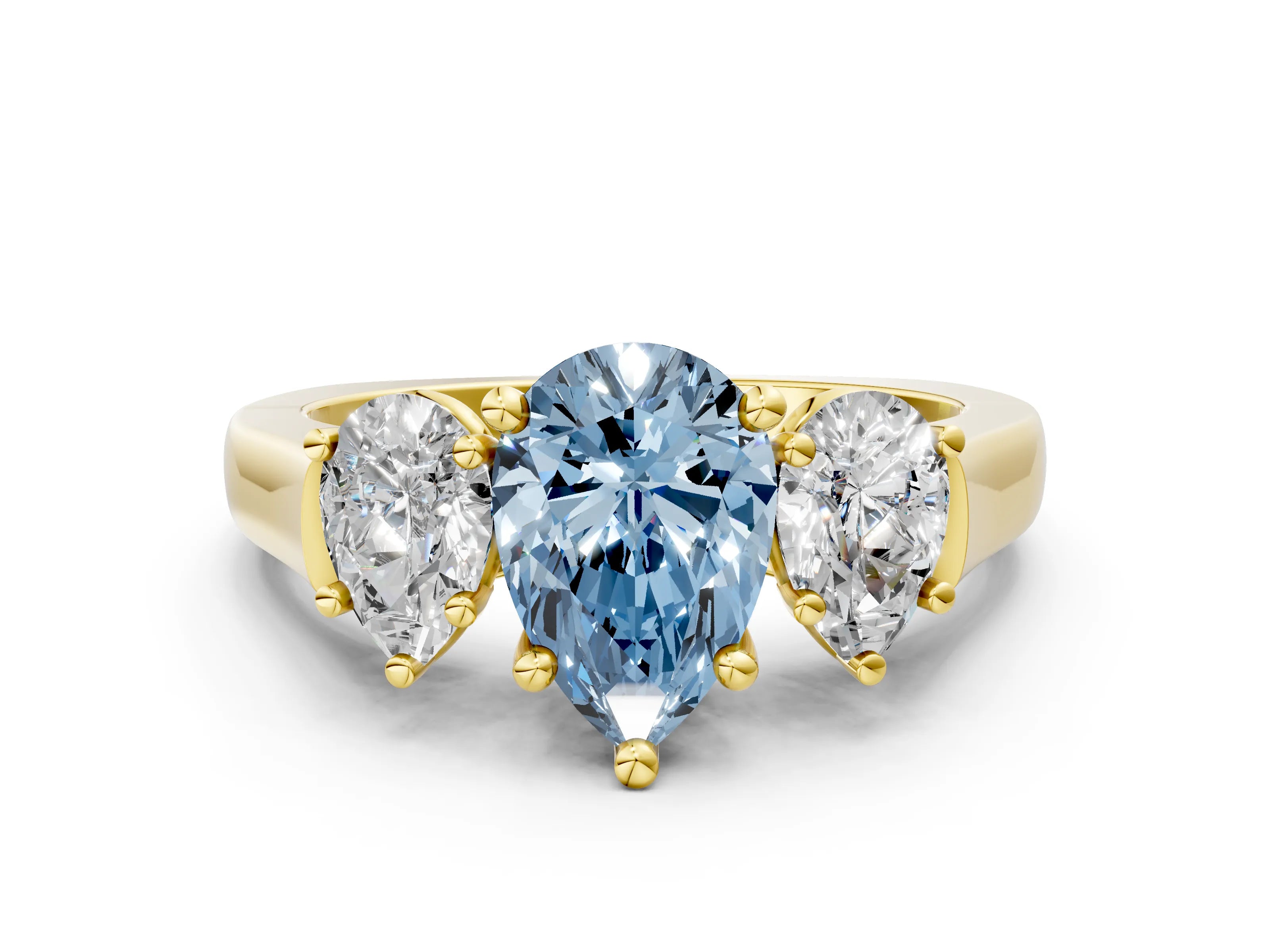 Yellow gold Three-Stone Fancy Blue Pear Cut Brilliant Diamond Trellis Ring with Comfort Fit Band
