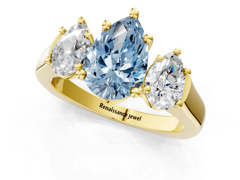Yellow gold Three-Stone Fancy Blue Pear Cut Brilliant Diamond Trellis Ring with Comfort Fit Band_1