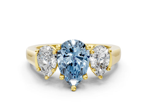 Yellow gold Three-Stone Fancy Blue Pear Cut Brilliant Diamond Trellis Ring with Comfort Fit Band