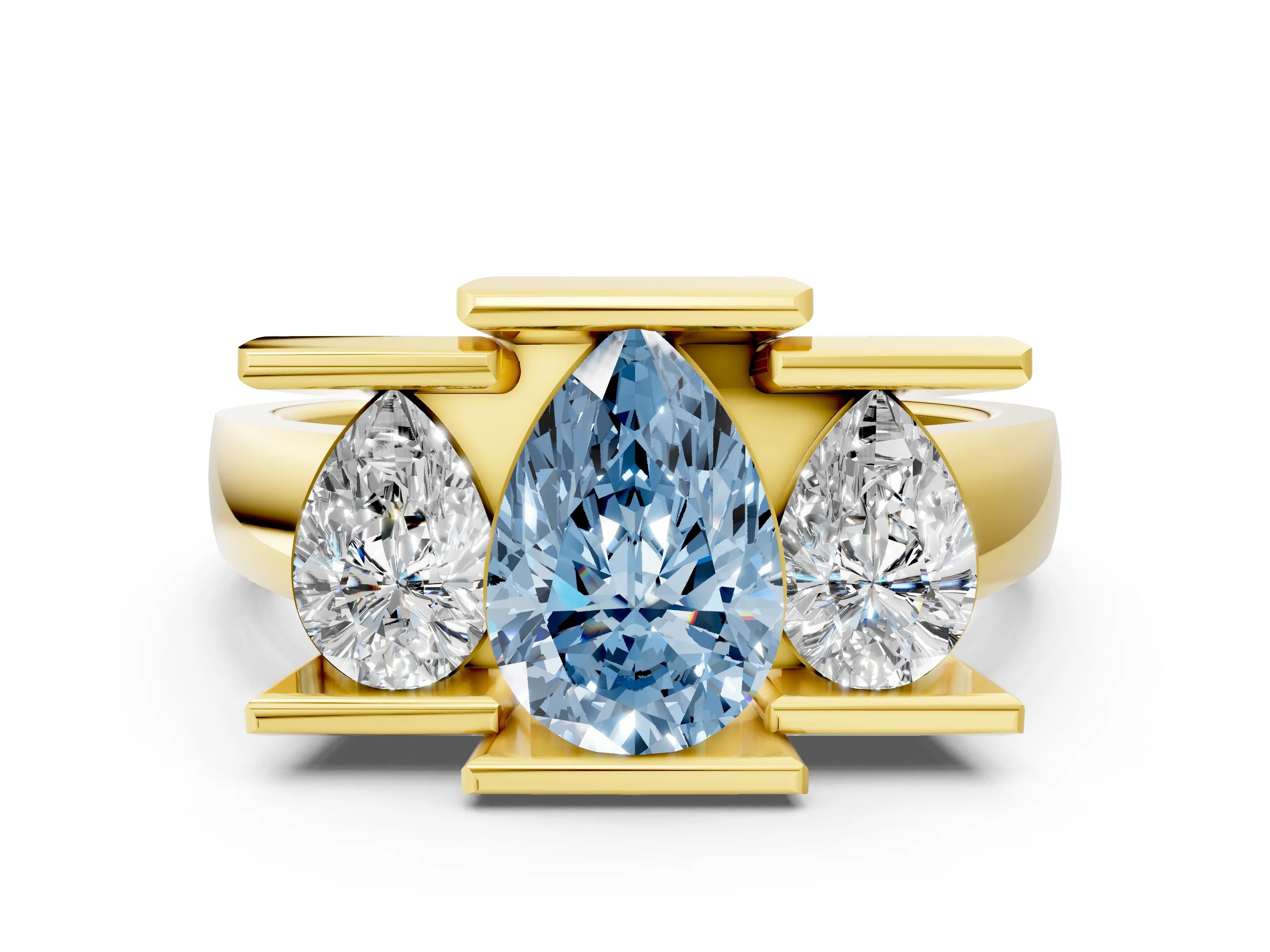 Yellow gold Three Stone Fancy Blue Pear Cut Cut Channel Set Diamond Ring