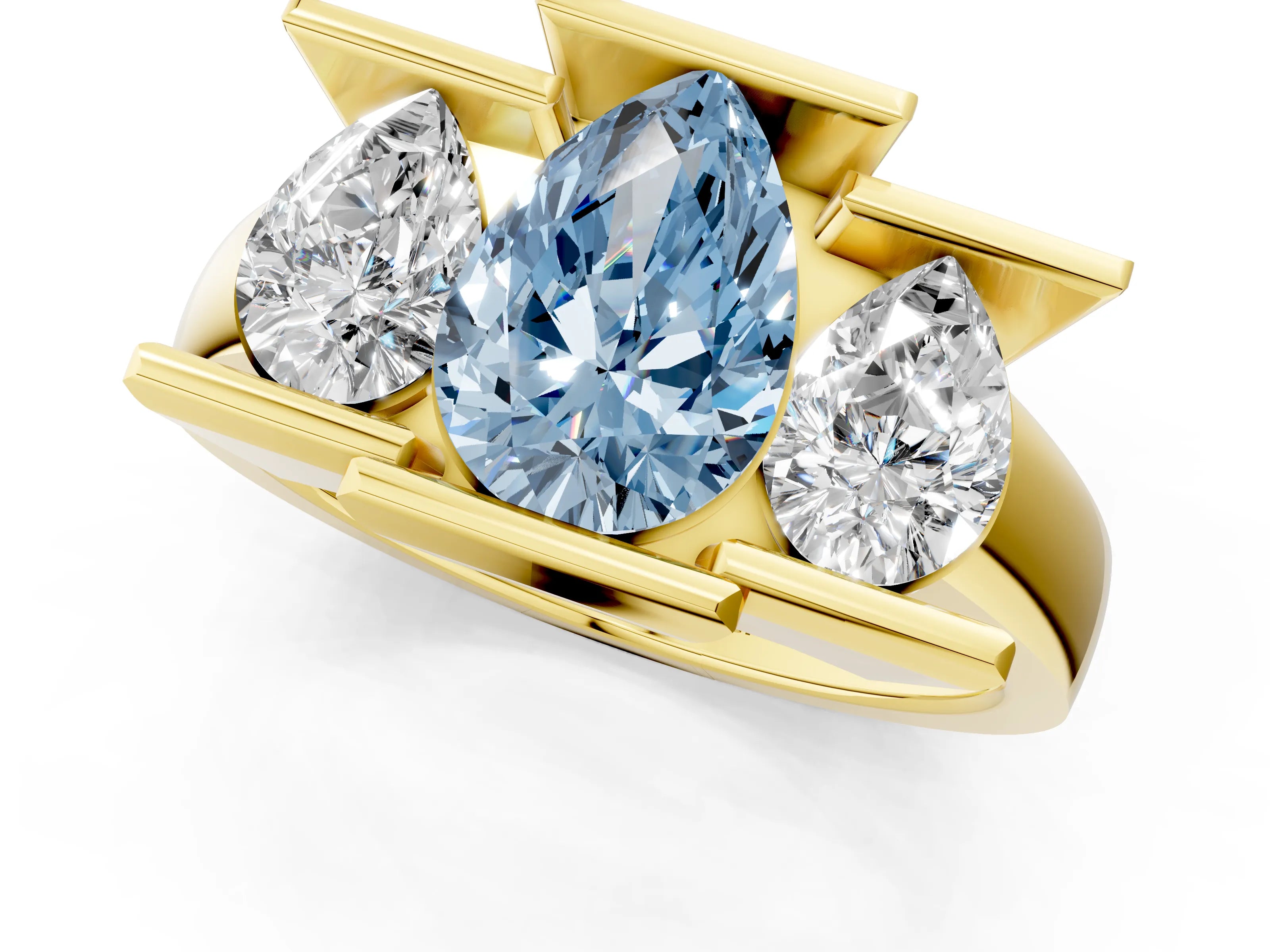Yellow gold Three Stone Fancy Blue Pear Cut Cut Channel Set Diamond Ring_1